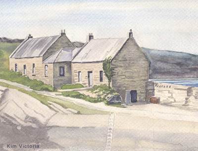Stone House, fisherman's home on the coast of SW Scotland, watercolor painting by Kim Victoria