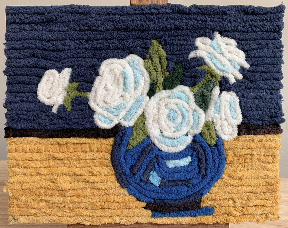 Blue Vase White Roses yarn painting