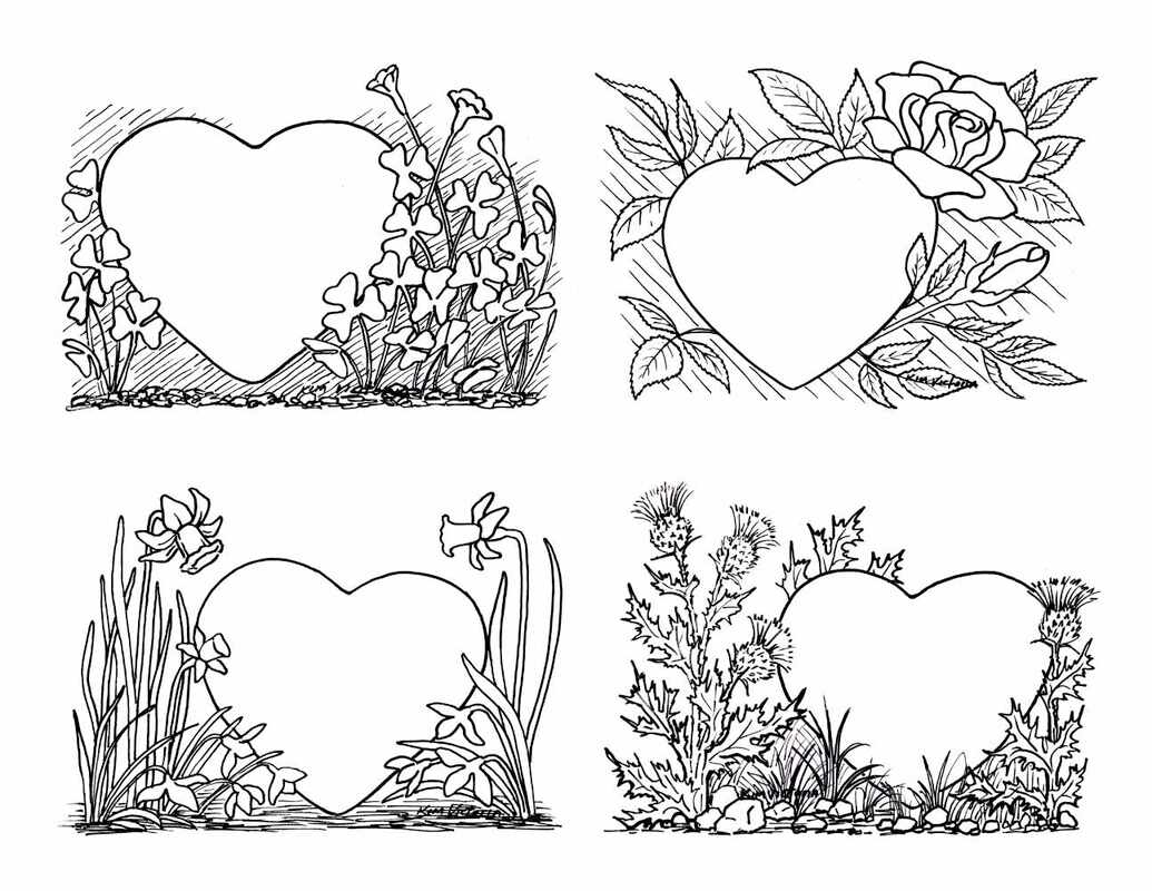 4 Floral Card designs by Kim Victoria ready to color