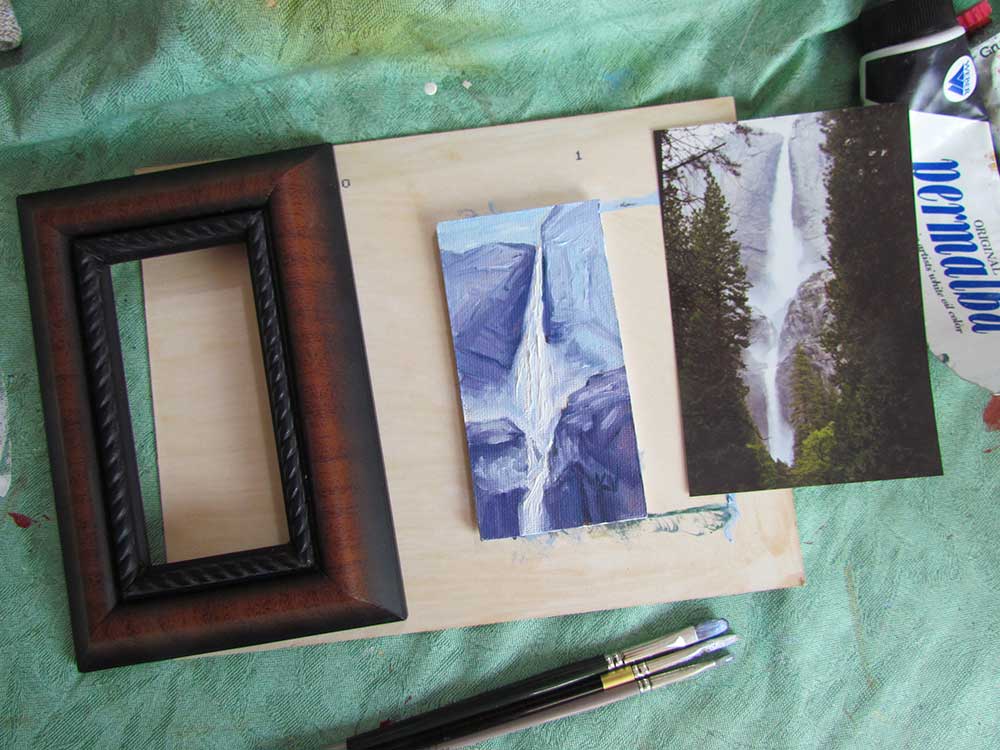 Yosemite Falls miniature oil painting with photo, both by Kim Victoria